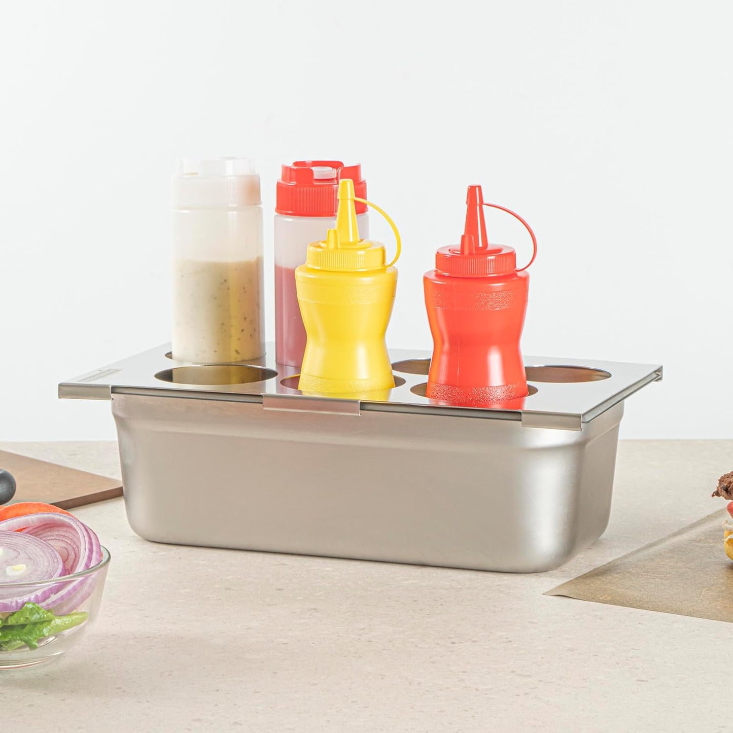 Restaurantware Stainless Steel Bottle Organizer - 1 Count - 6.299 x 7.087 x 0.394 Inches - Dishwasher-Friendly Condiment Holder - Kitchen Bottle Rack - Space-Saving Design - Silver
