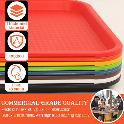 Plastic Fast Food Trays, 8 Pack Cafeteria & Restaurant Serving Tray Set for Coffee Table, Kitchen & Party, Multi-Color Reusable Snack Trays for Home, School, Events (11.8x16.3x0.8 Inches)