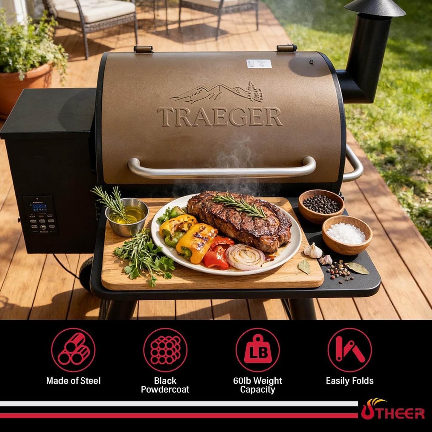 Upgraded Grill Table for Weber Kettle 22"/18"/26", Master Touch 22", Smokey Mountain, Recteq Pellet Grill RT-B380, Prep Station with Cutting Board, Basin, 4 Hooks, Shelf for Weber Kettle Accessories
