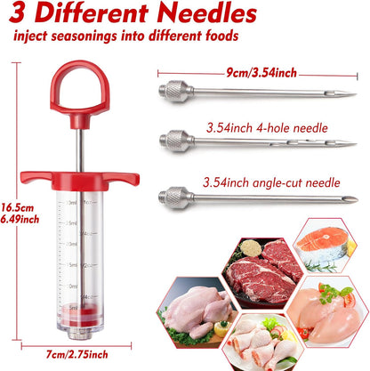 Meat Injector, 1-oz Plastic BBQ Marinade Injector Kit, Turkey Injector Syringe (3 Stainless Steel Meat Needles +3 Replacement O Rings + 1 Cleaning Brush) for Turkey Smoked BBQ Grill