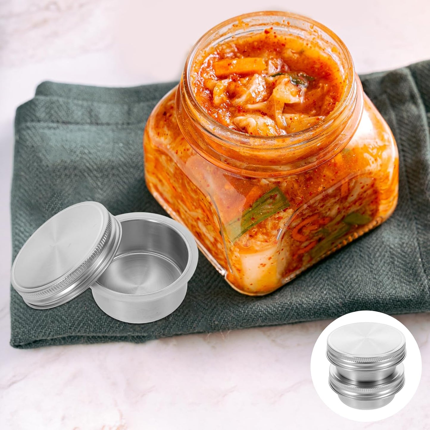 Ipetboom 2 Sets Mason Jar Divider Cup with Stainless Steel Lid - 70ml Meal Prep Salad Dressing Container Insert for Veggies Snacks Sealing Lid Fits Regular Mason Jars