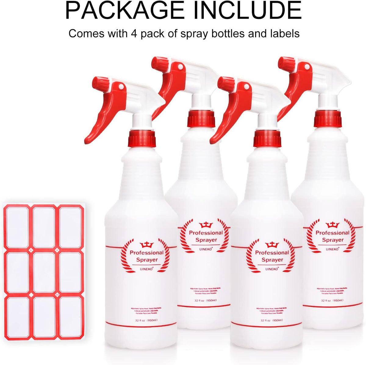 Uineko Empty Spray Bottles, Heavy Duty Sprayer, Mist & Stream, 4 Pack 24 Oz
