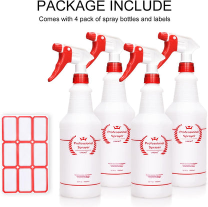 Uineko Empty Spray Bottles, Heavy Duty Sprayer, Mist & Stream, 4 Pack 24 Oz