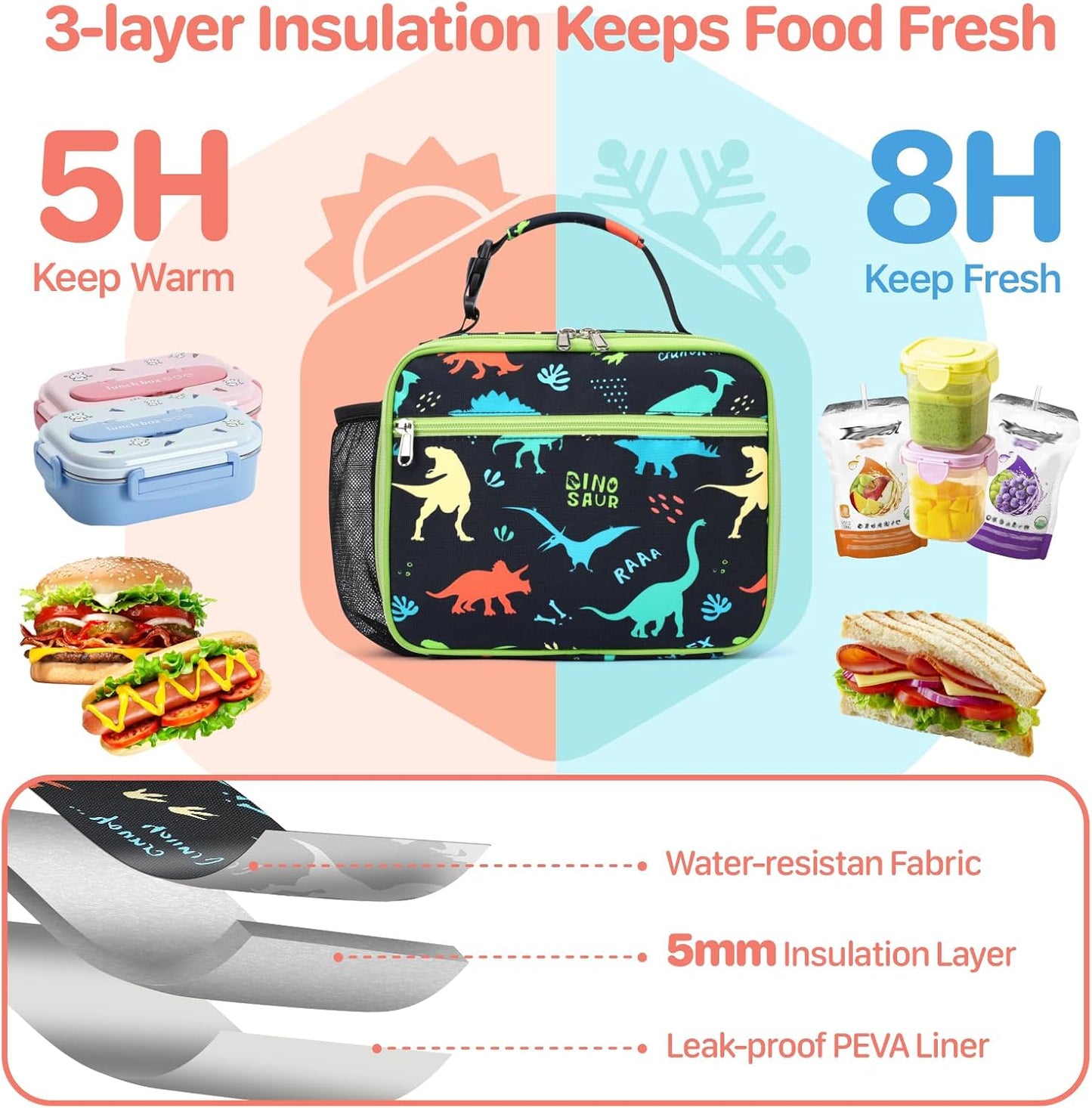 Kids Lunch Bag Boys - Insulated Kids Lunch Box Reusable Lunchbox with Water Bottle Holder Toddler Lunch Tote Bag for School Daycare, Black Dino Fossil