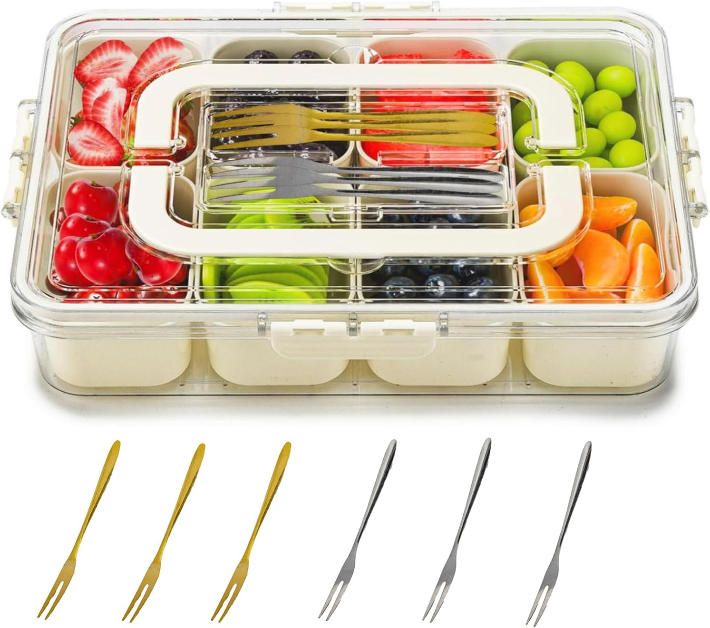 Divided Serving Tray with Lid and Handle, Snackle Box Container Portable Snack Platters with 7 Compartments & Forks, Ice Chilled Organizer for Fruits, Veggies, Salad, Perfect for Entertaining,Picnic