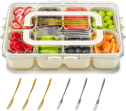 Divided Serving Tray with Lid and Handle, Snackle Box Container Portable Snack Platters with 7 Compartments & Forks, Ice Chilled Organizer for Fruits, Veggies, Salad, Perfect for Entertaining,Picnic