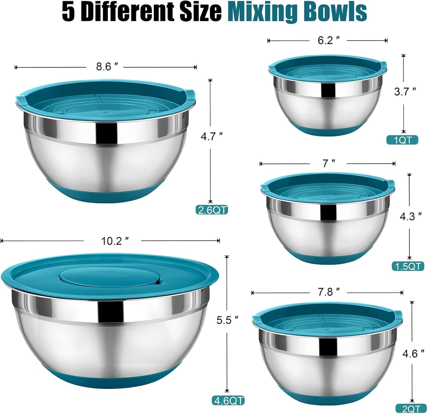 P&P CHEF Mixing Bowl with Lid Set, 5 Piece Stainless Steel Mixing Nesting Bowls for Salad Storage, 3 Grater Attachments & Non-Slip Bottoms, Size 1/1.5/2 / 2.6/4.6 QT, Black