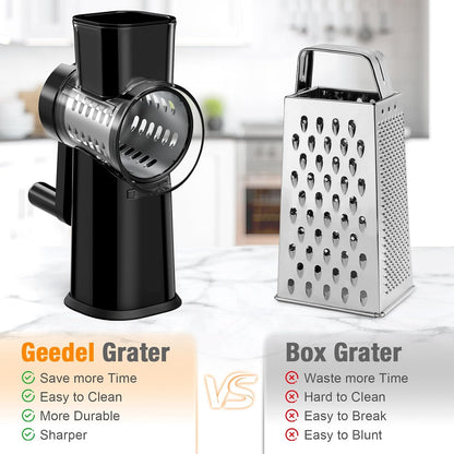 Ibergrif Rotary Cheese Grater Hand Crank– Manual Vegetable Slicer Mandoline with Foldable Handle, Rotary Grader with 3 Interchangeable Blades, Manual Cheese Shredder with Suction Base