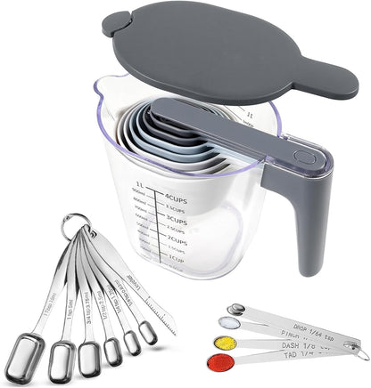 Stackable Measuring Cups & Spoons Set with Lids, Blue