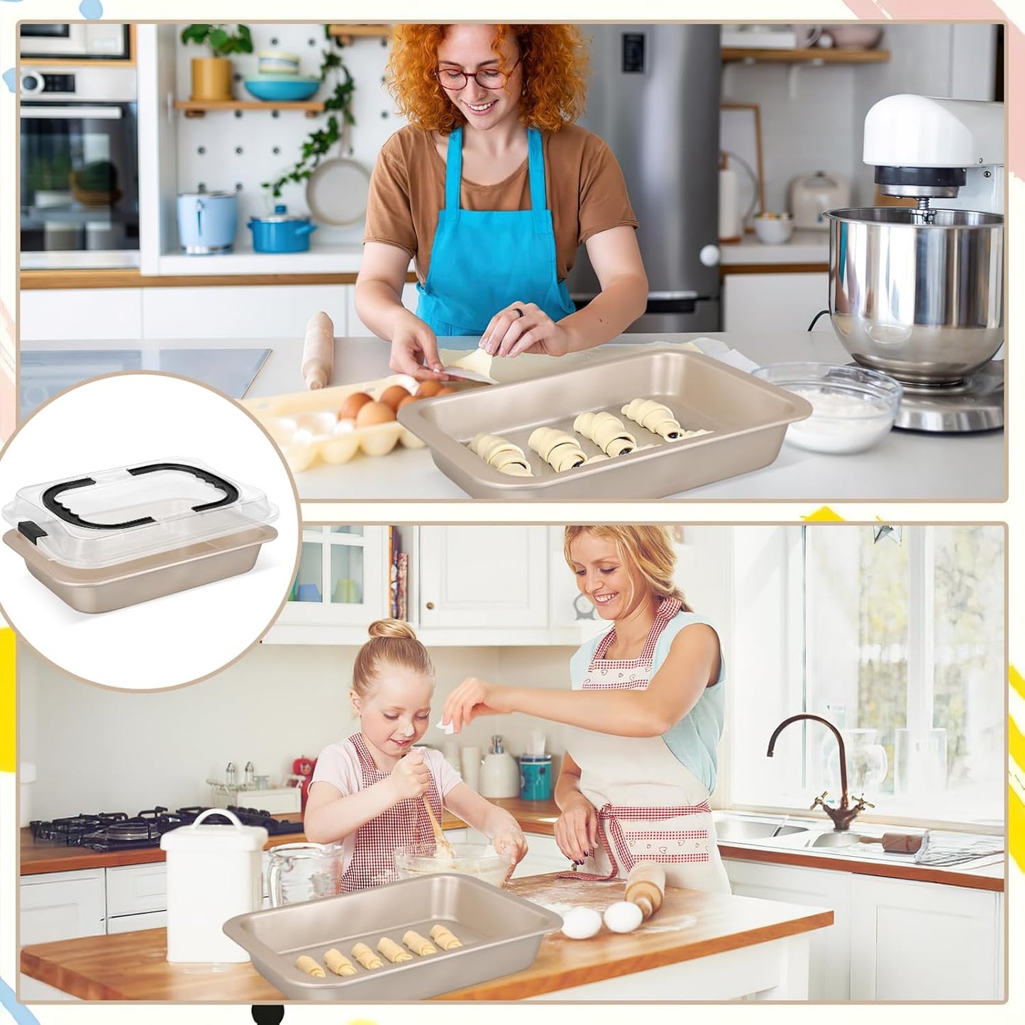 2 Pcs Cake Baking Pan with Lid and Handle, 9 x 13 Inch Non-Stick Rectangle Cake Pan Carrier Carbon Steel Baking Tray for Brownie Roasting Cooking