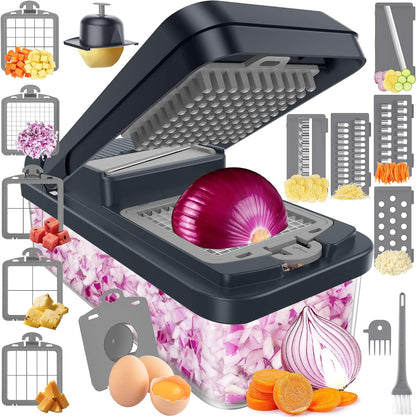 SpaceHacks 12-in-1 Vegetable Chopper, Kitchen Gadgets with 7 Blades, Veggie, Food, Onion Chopper, Cucumber Slicer, Versatile Mandoline, Includes Egg Separator & Finger Guard, Gray