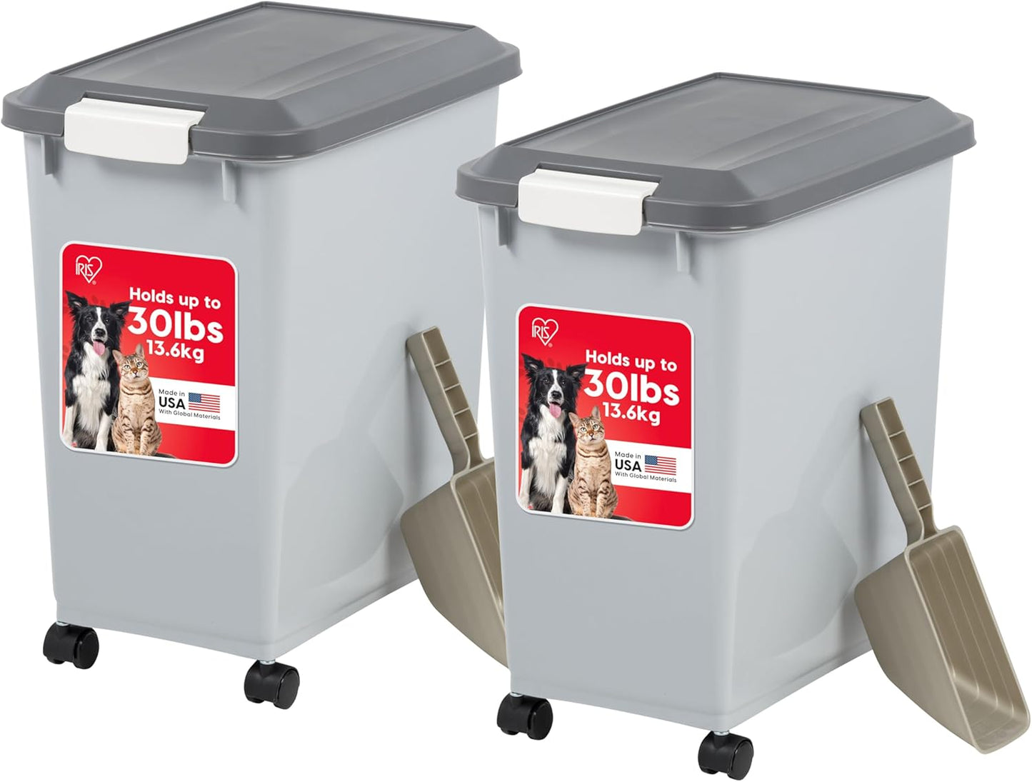 IRIS USA Dog Food Storage Container, 2 Pack, Up to 30 lbs Each, Airtight Seal for Freshness, Wheels for Rolling, Easy One Hand Opening, Made in USA, BPA Free, Clear/Black