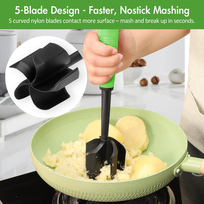 Ourokhome Meat Chopper and Potato Masher, Heat Resistant Nylon Ground Beef Smasher for Hamburger, 5 Curved Blades Nonstick Safe Mixer & Stirrer, Practical Kitchen Gadgets, Mint