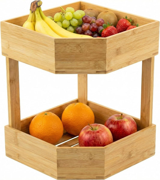 Yerliker 2 Tier Bamboo Corner Shelf Kitchen Fruit Cabinet Organizer Bamboo Corner Fruit Basket for Kitchen Countertop Rack Counter Pantry Storage for Vegetables Spice Plate (11 x 11 x 7.5 Inch)