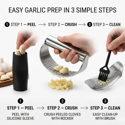 Angel's Peel Lounge Stainless Steel Garlic Press Rocker Set with Silicone Garlic Peeler & Cleaning Brush – Garlic Chopper, Mincer, Grater, Crusher – Easy for Crushed Cloves – Rust-Resistant, Black
