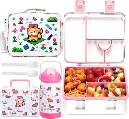 rockpapa Kids Lunch Box Set with 14oz Insulated Water Bottle & Lunch Bag, Leakproof 5.5 Cups Bento Box for School & Children, BPA-Free, Microwave Safe for Boys Girls (Grey Constr Turcks)