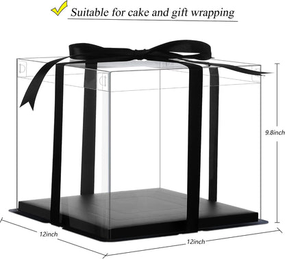 XININSUN 2Pcs Large Cake PET Clear Box, 10" X 10" X 9" with ribbon and pre-folded lid, for 8" cake packing carry, baking cookie display, Carry Tall Layer Gift, Festive Gift Box -White