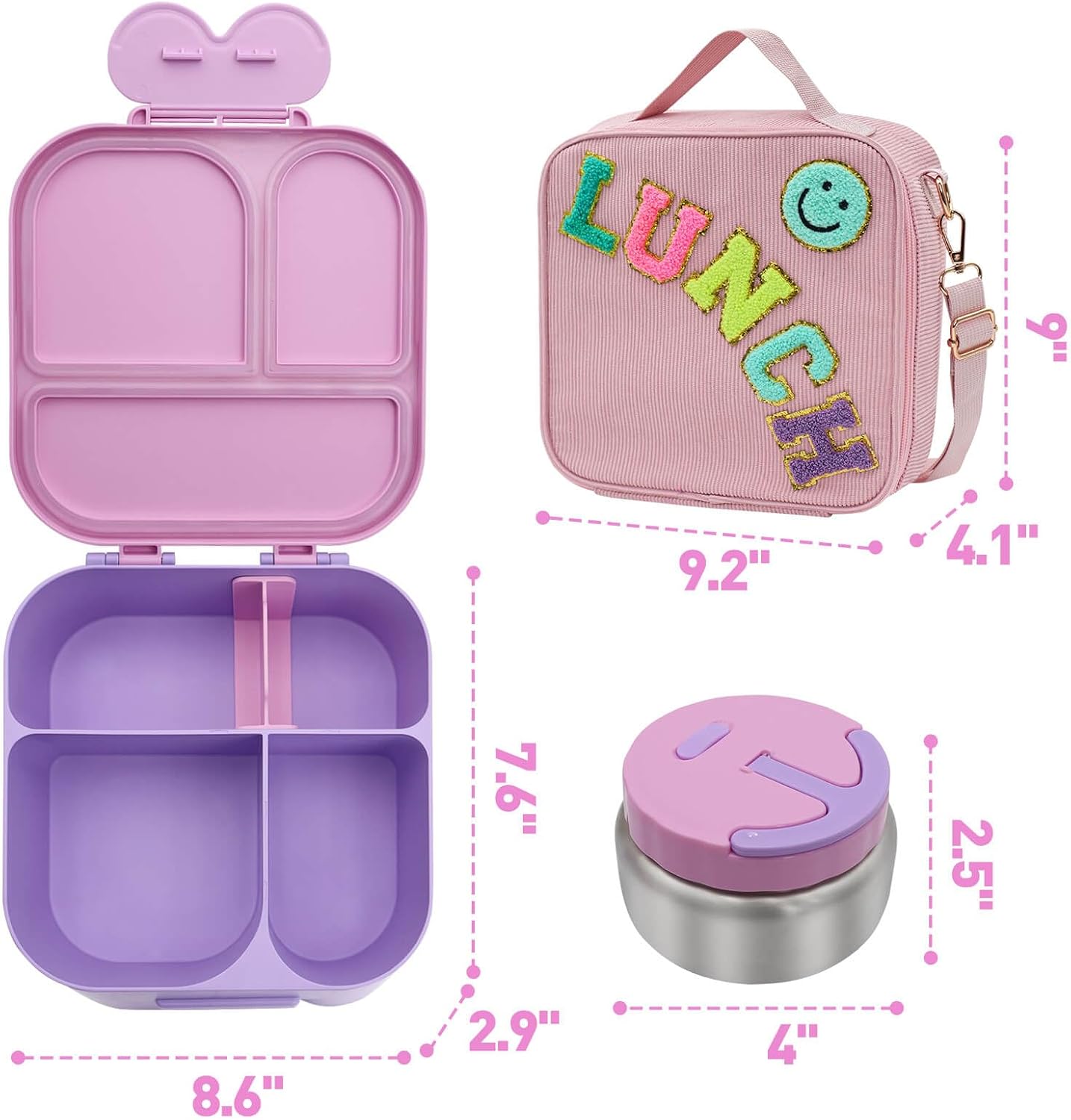 Lunch Box with Bento Box with 4 Compartment, with Leak Proof Thermo Food Jar, Preppy Corduroy Insulated Lunch Bag for Womens Girl Kids Teens School Travel Picnic (Purple)