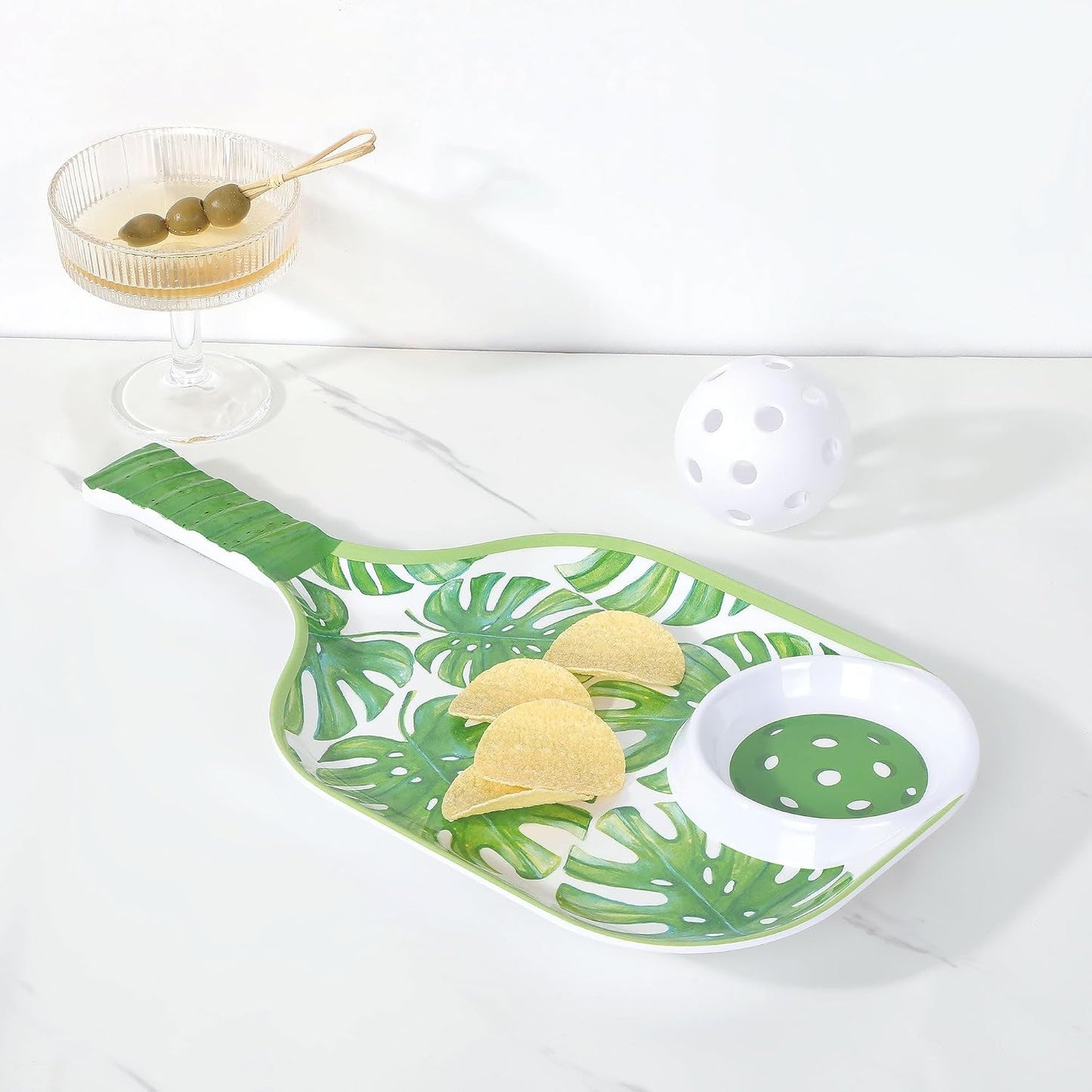 UPware Flamingo Melamine Chip and Dip Snack Tray, Tropical Floral Pickleball Paddle Shape Platter for Chips, Salsa, Fruits, and Appetizers, 15.75 x 8 Inch