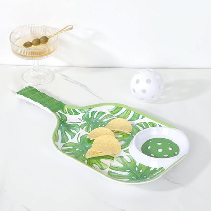 UPware Flamingo Melamine Chip and Dip Snack Tray, Tropical Floral Pickleball Paddle Shape Platter for Chips, Salsa, Fruits, and Appetizers, 15.75 x 8 Inch