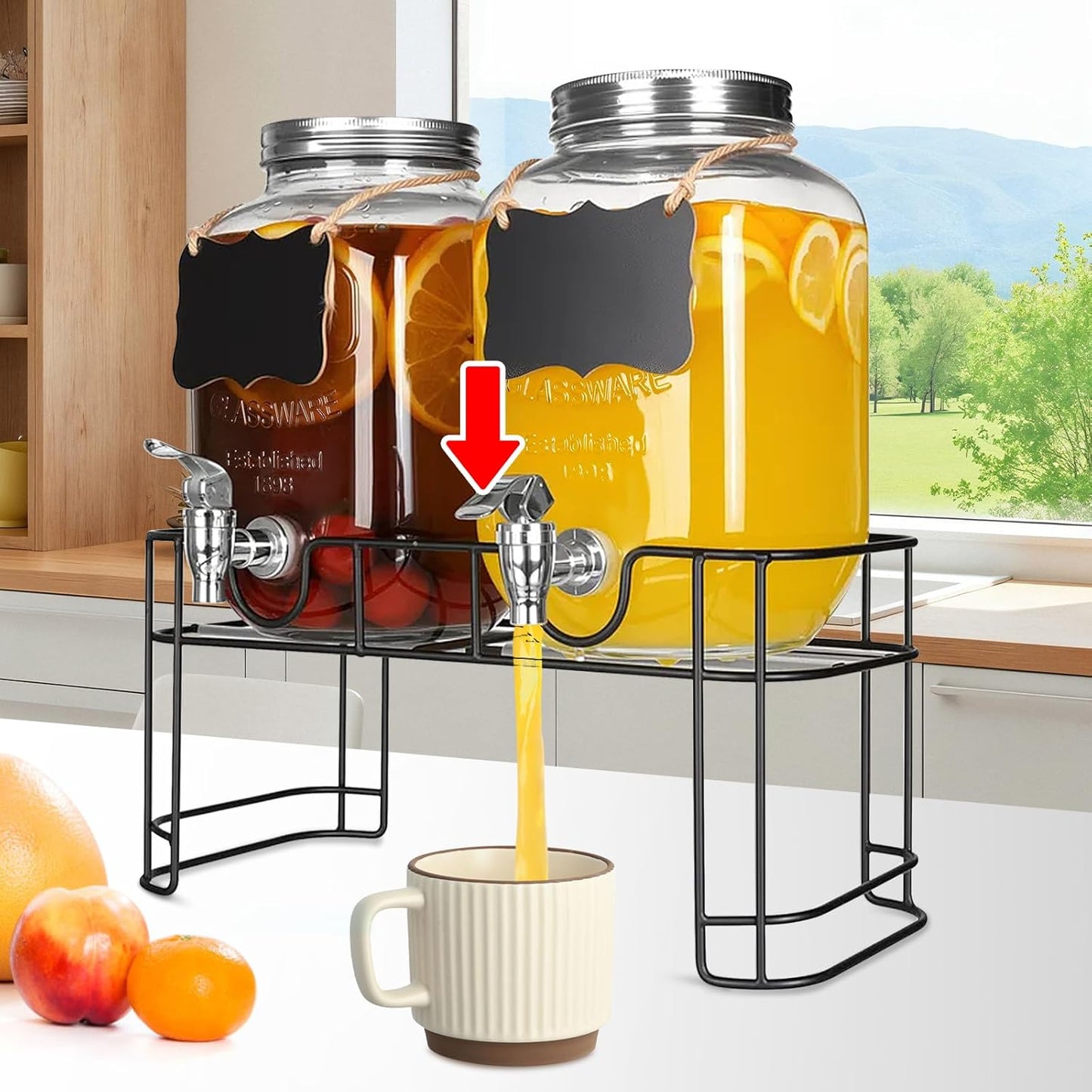 1 Gallon Glass Beverage Dispenser Jars, Ice Juice Dispenser with Leak Proof Faucet and Metal Stand for Parties & Wedding (2 Pack Jars）