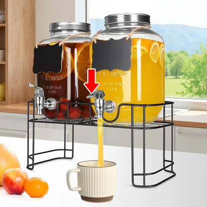1 Gallon Glass Beverage Dispenser Jars, Ice Juice Dispenser with Leak Proof Faucet and Metal Stand for Parties & Wedding (2 Pack Jars）