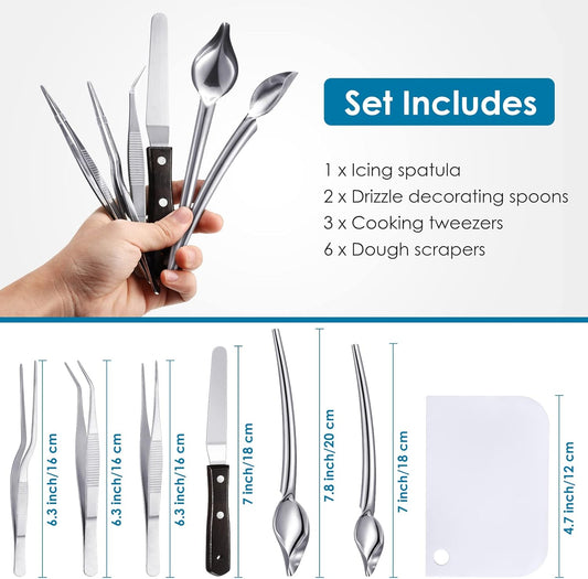 Patelai 12 Pcs Chef Plating Tools Plating Drizzle Spoons Cooking Tweezers Culinary Precision Stainless Steel Drawing Spoons Plastic Dough Scrapers Wood Icing Spatula for Chef Cake Candy Decorating