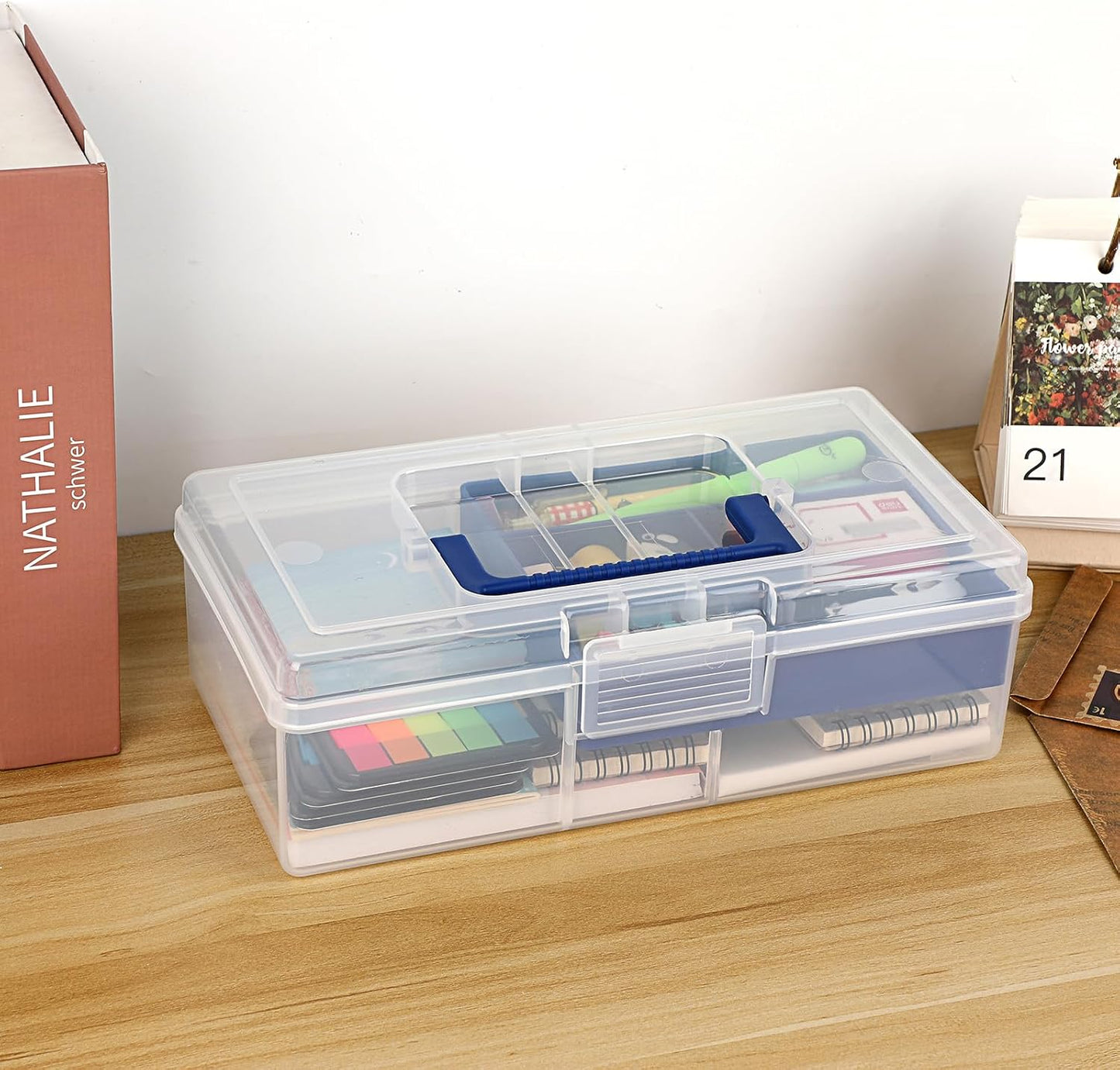 JUXYES Clear Art Craft Supply Storage Bin Sewing Box With Handle Lid | Clear Stackable Latching Craft Storage Bin for School Office, Organizing Stationery, Sewing, Art Craft, DIY Supplies