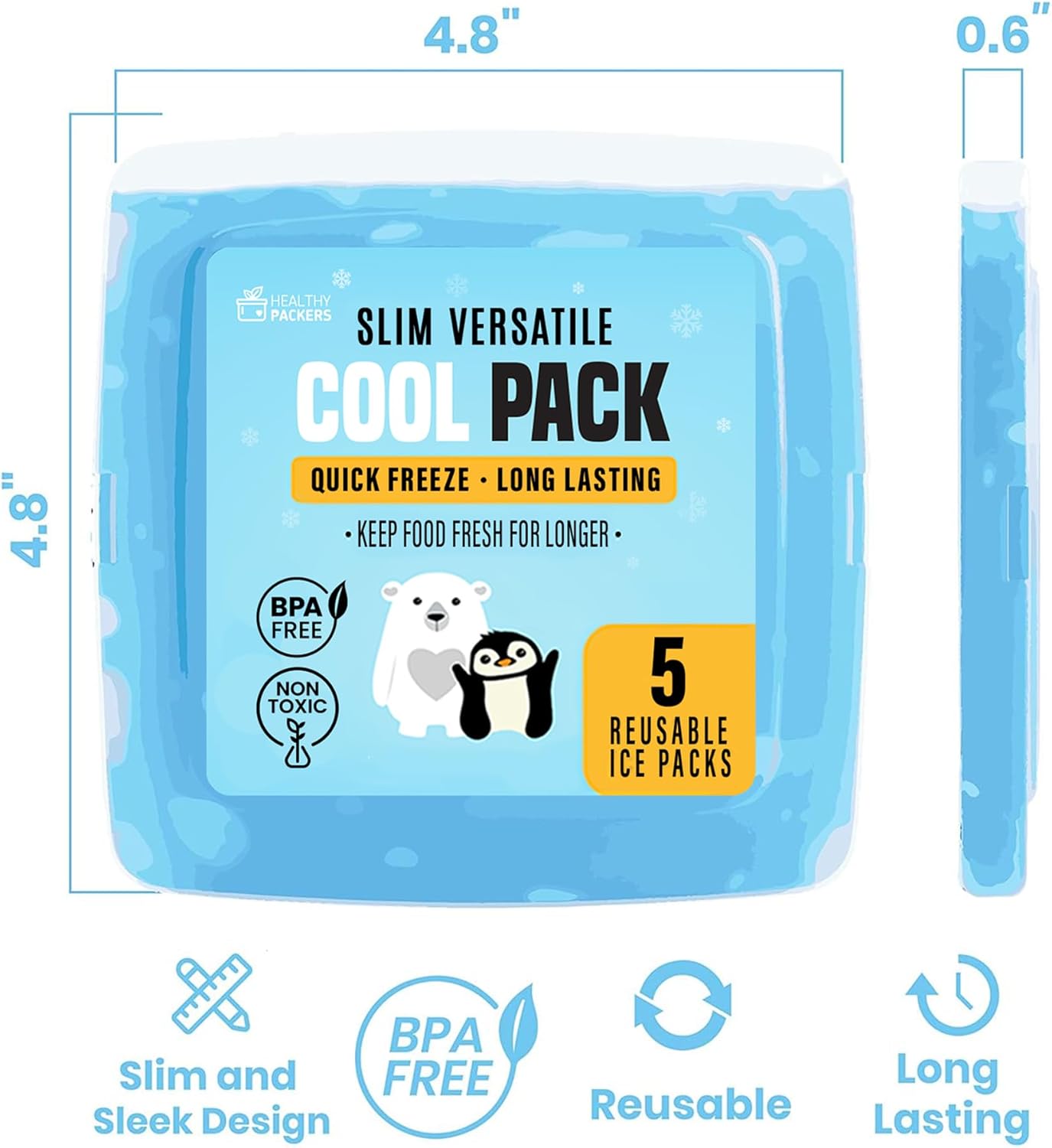 Healthy Packers® Reusable Ice Packs for Lunch Boxes Kids and Adults | Long‑Lasting Thin Freezer Packs for Coolers, Bento Boxes, Lunch Bags, Travel, School Meals, Meal Prep (10-Pack | Square)