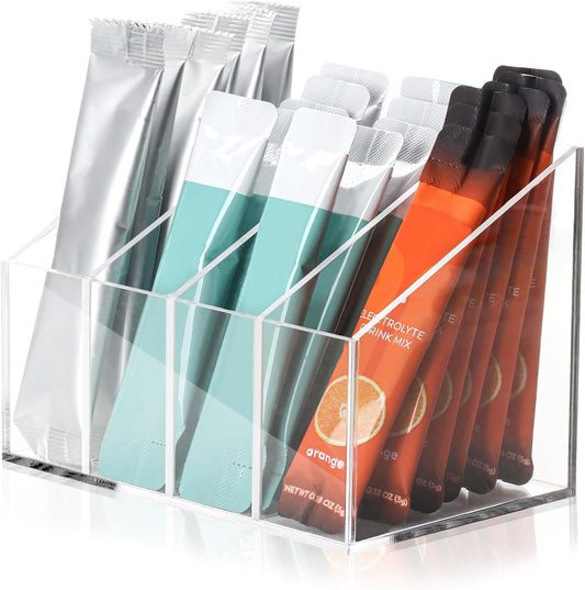 Drink Packet Holder Water Flavor Packet Storage Container Water Flavor Packet Organizer Storage Basket Acrylic with Removable Dividers for Storage Bins for Refrigerator Organizer Bins Cabinets