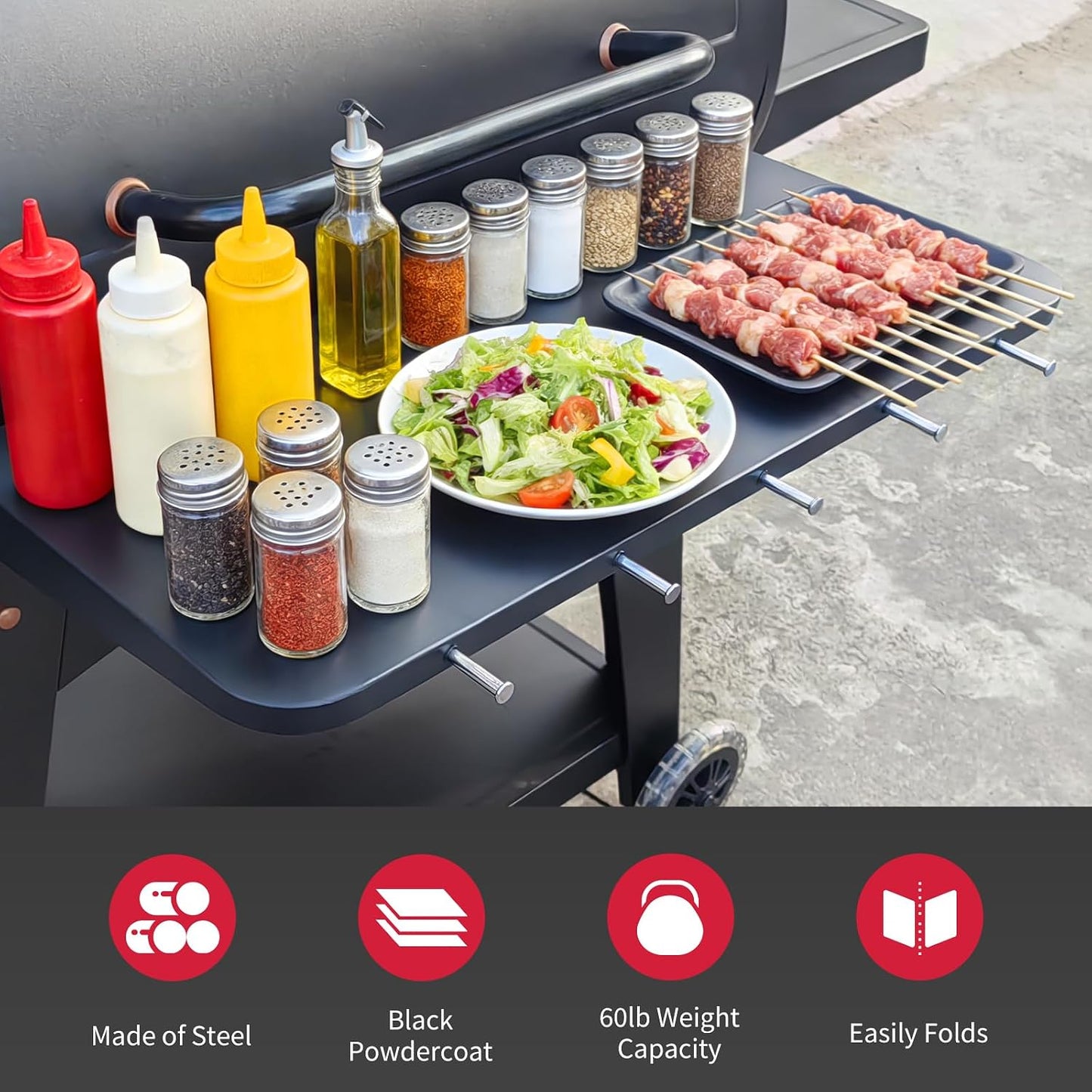 Upgraded Grill Table for Weber Kettle 22"/18"/26", Master Touch 22", Smokey Mountain, Recteq Pellet Grill RT-B380, Prep Station with Cutting Board, Basin, 4 Hooks, Shelf for Weber Kettle Accessories
