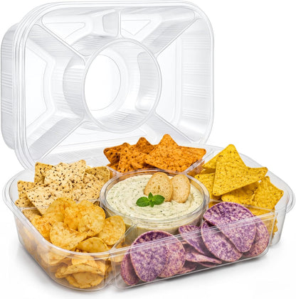 Shellwei 4 Pcs Jumbo Veggie Tray 15.6" x 11.2" x 3" Chip and Dip Platter Nacho Tray Disposable Catering Trays with Lids Divided for Veggie, Charcuterie, Taco, Salad in Party/Buffet/Travel (No Lid)