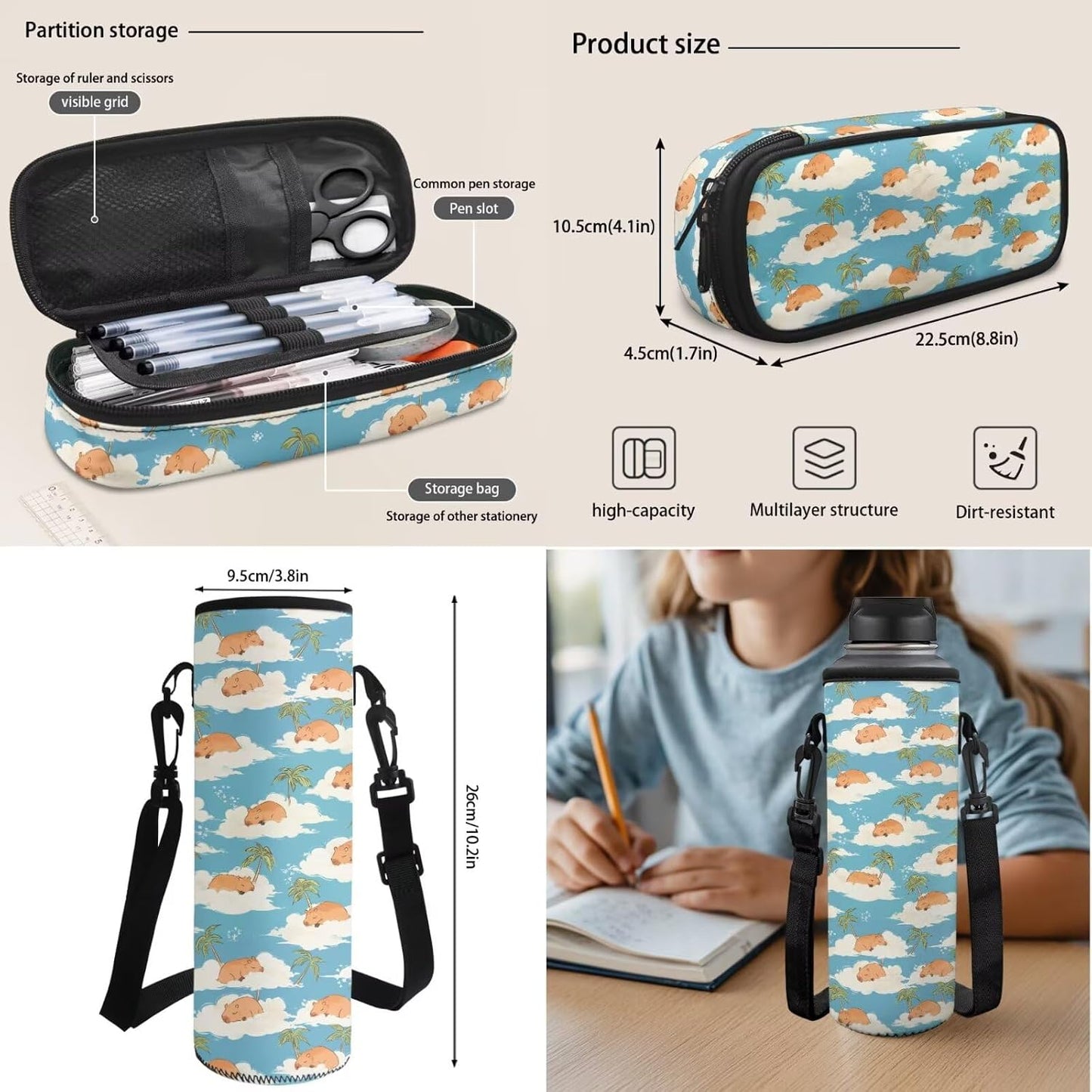 Cute Capybara Pizza Backpack for Girls, 5 Pcs Boys School Bag Set for Kids, 17 Inch Backpacks Lunch Pencil Box Reusable Utensils Case Set for Middle Elementary School, 3rd Grade Backpack