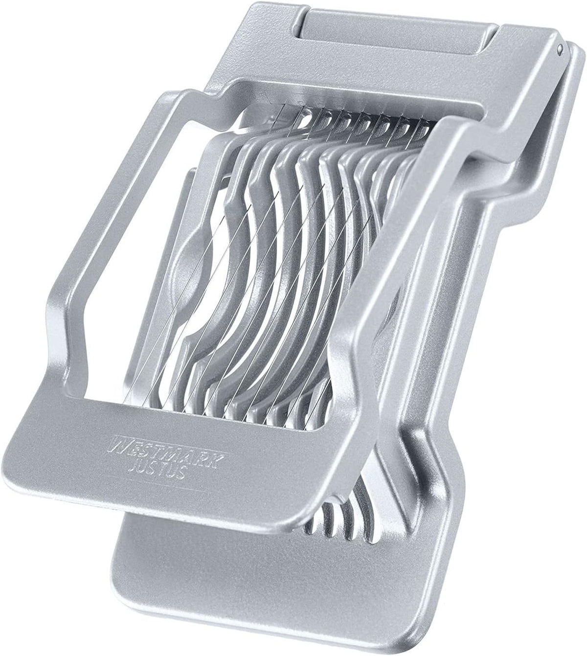 Westmark Egg Slicer Justus for Hard Boiled Eggs with Individually Tensioned Stainless Steel Wire Cutters, German Heavy Duty Aluminium Slicer for Round & Oval Eggs, Dishwasher Safe, Grey