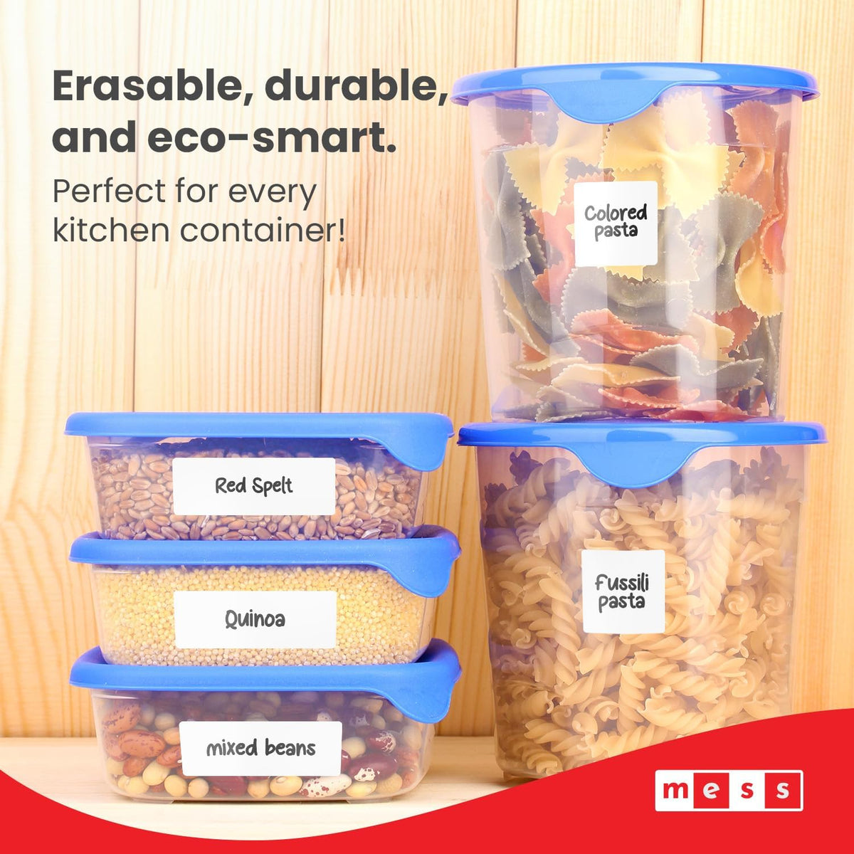 MESS Removable Food Labels for Containers (96-Pack) 1x3 & 1.5" Erasable Kitchen Labels for Organizing, Freezer & Fridge, White Dry Erase Labels for Jars