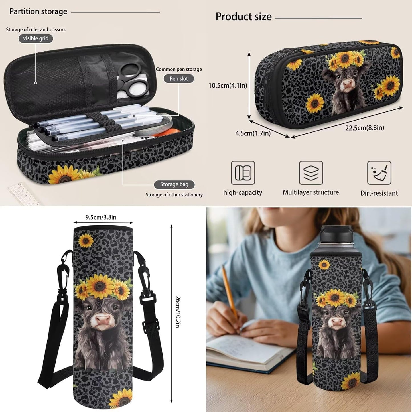 Highland Cow Backpack with Lunch Box Set for Kids Sunflower School Backpack for Girls Boys Back to School Bag Student Travel Backpacks Reusable Utensils Pen Case Water Bottle Bag 5PCS