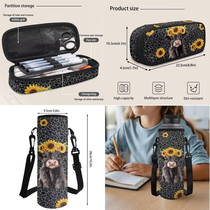 Highland Cow Backpack with Lunch Box Set for Kids Sunflower School Backpack for Girls Boys Back to School Bag Student Travel Backpacks Reusable Utensils Pen Case Water Bottle Bag 5PCS