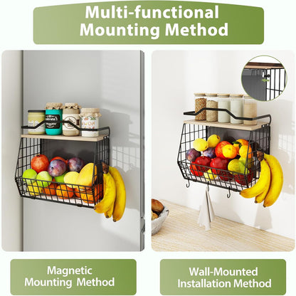 White Fruit Bowl Wire Basket Storage Pantry Fruit and Vegetable Storage Fruit Basket for Kitchen Counter Stackable Wall Mounted Hanging Basket Wire Basket with Wood Lid with Hanger Hooks