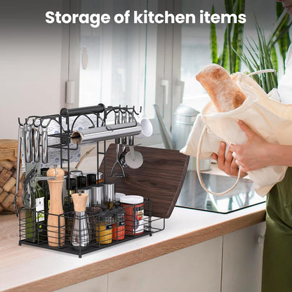 Grill Caddy for Outdoor Grill with 2 Paper Towel Holders,Barbecue Tool Sets Storage Organizer,BBQ Caddy for Outdoor Grill with 9 Compartments & 8 Hooks,Picnic Caddy Grilling Gifts for Men