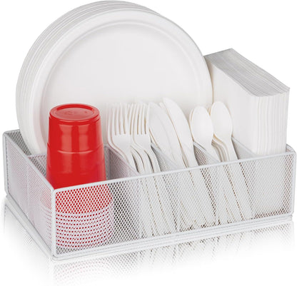 Paper Plate Organizer for Countertop, Metal Silverware Caddy for Cup, Napkin, Fork, Spoon, Paper Plate and Utensil Holder, Cutlery Caddy for Party, Camping, Picnic (Black)