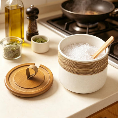 Ceramic Salt Cellar Bamboo Lid Spoon 3.5" Wide 12oz