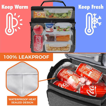 opux Insulated Lunch Bag for Men Women, Large Dual Compartment Cooler Bag, Soft Two Deck Lunch Box for Work School Picnic, Leakproof Lunch Tote with Shoulder Strap for Kid Adult (Purple, Double Deck)