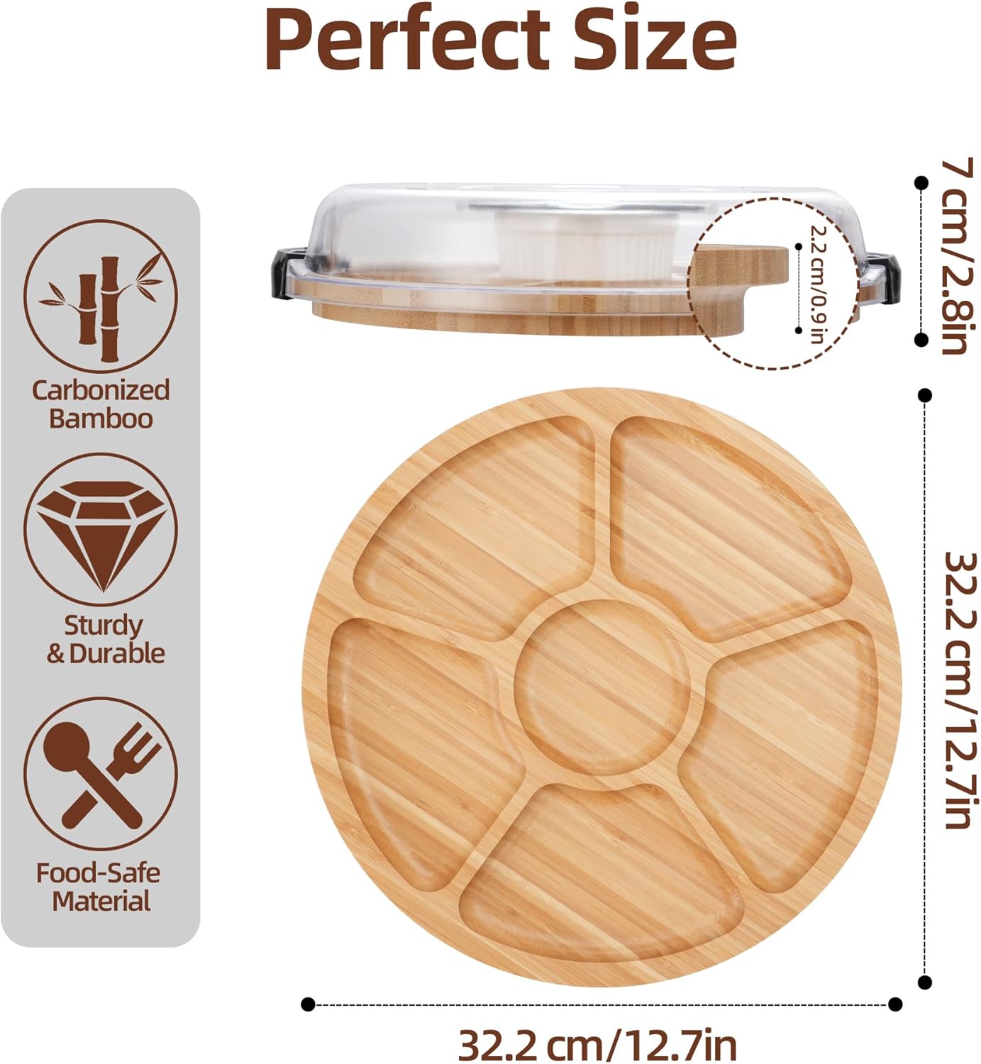 WILLKOMMEN Charcuterie Board with Lid- 5 Compartment Round Serving Tray with Handle & Locking Lid, Portable Bamboo Serving Platter, Serving Dishes for Party Picnic Cheese Snack
