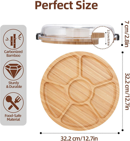 WILLKOMMEN Charcuterie Board with Lid- 5 Compartment Round Serving Tray with Handle & Locking Lid, Portable Bamboo Serving Platter, Serving Dishes for Party Picnic Cheese Snack