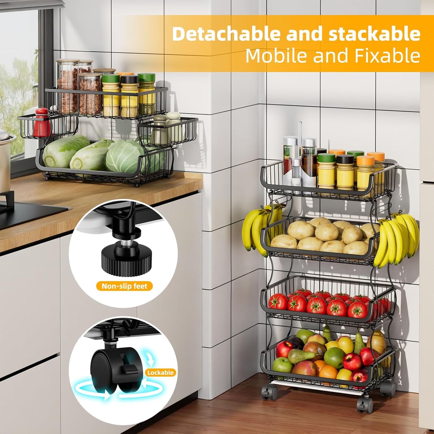 Simple Trending 4 Tier Rolling Cart, Stackable Fruit Vegetable Basket with Wheels and 2 Hanging Basket, Kitchen Storage Metal Wire Basket Stand for Vegetable Snacks, Black