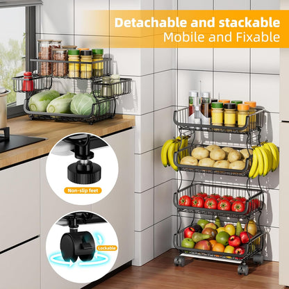 Simple Trending 4 Tier Rolling Cart, Stackable Fruit Vegetable Basket with Wheels and 2 Hanging Basket, Kitchen Storage Metal Wire Basket Stand for Vegetable Snacks, Black