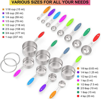 Wildone Stainless Measuring Cups and Spoons Set with Silicone Handle, 16pcs | 8 Measuring Cups and 8 Measuring Spoons, Nesting Design, Heavy Duty for Measuring Dry/Liquid Ingredients, Multicolor