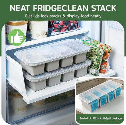 Tvmania 2-Pack Silicone Freezer Tray with Lid - 1 Cup / 4 Compartment Soup Freezer Container for Broth, Sauce & Meal Prep - Large Ice Cube Tray for Whiskey - Stackable, Easy Release, Oven Safe