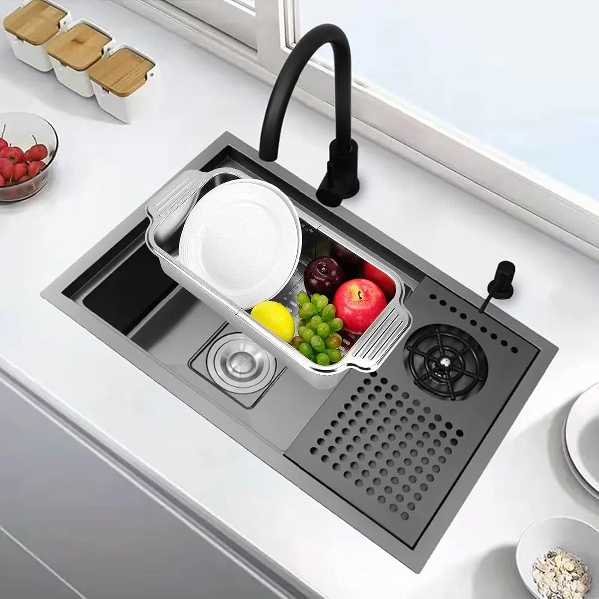 LUEXBOX Expandable Dish Drying Rack Over The Sink, Stainless Steel Drainer Basket with Adjustable Arms for Vegetable and Fruit (Silver)