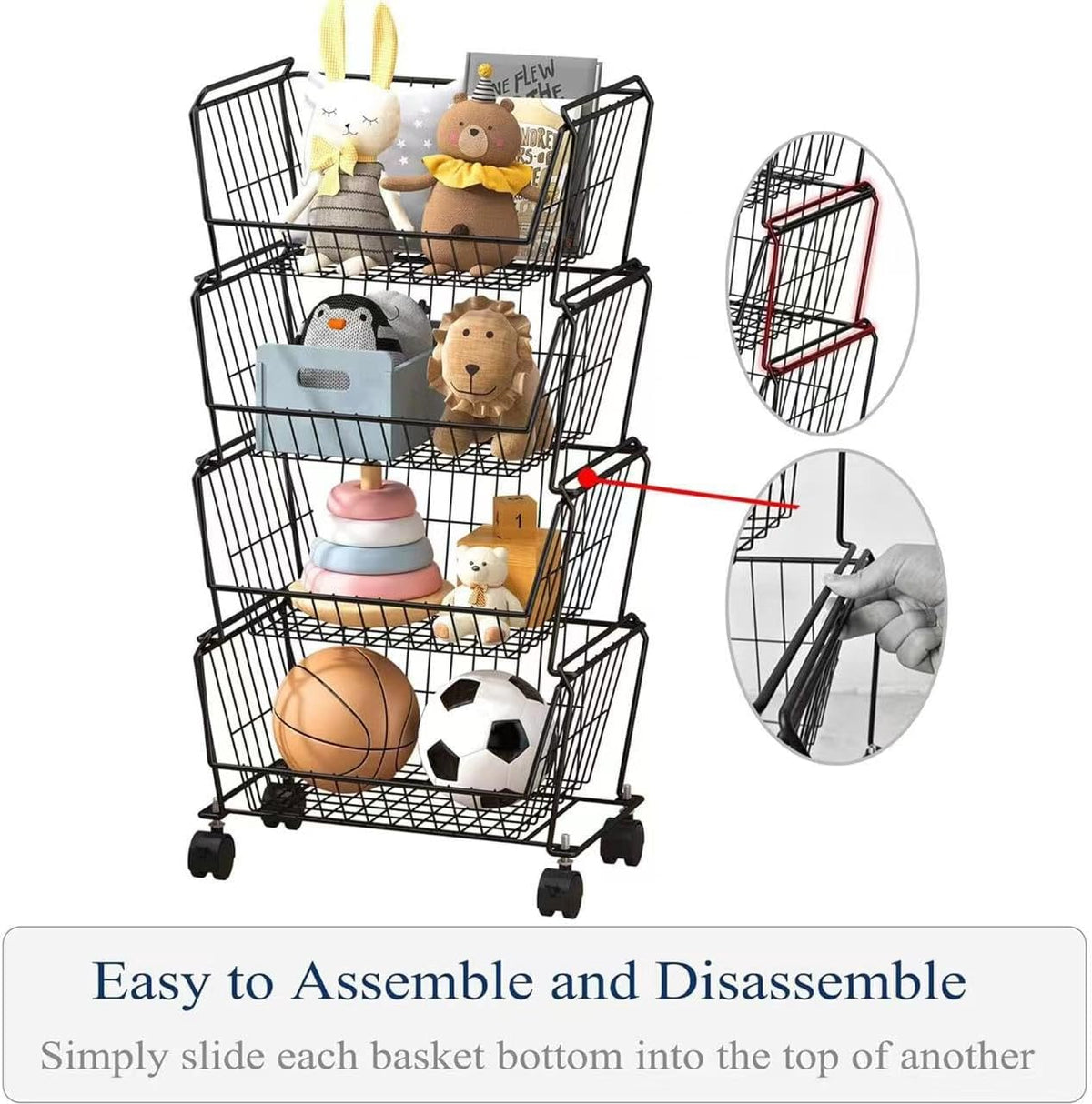 PUSDON 4-Tier Spacious Stackable Wire Storage Baskets with Wheels, Metal Rolling Utility Cart Organizer, Fruit and Vegetable Produce Basket for Kitchen Pantry, Everyday Bathroom Shelf, Silver Grey